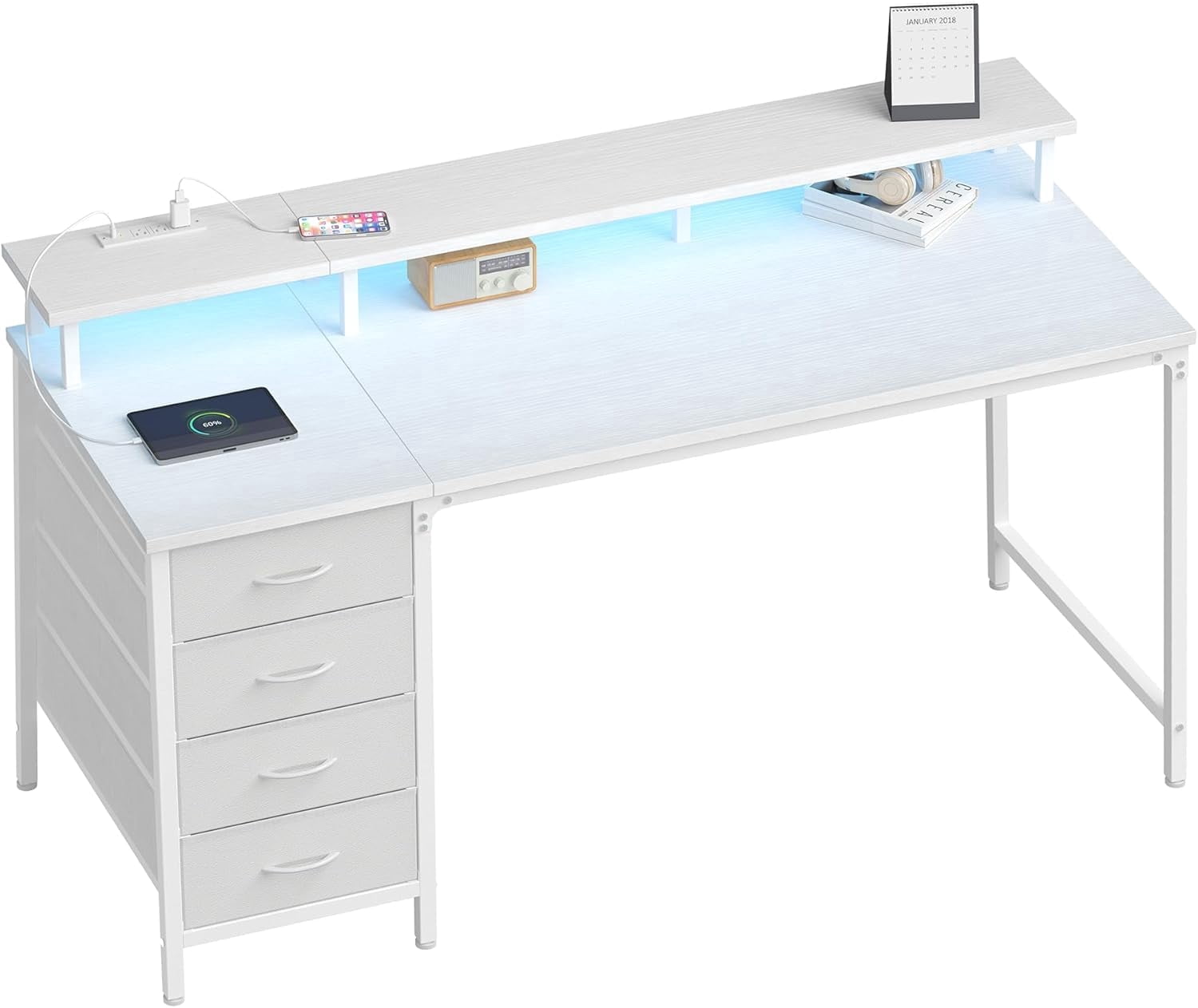 EDX 47 Inch Computer Desk with Power Outlets and LED Lights, Gaming Desk with 4 Drawers, Office Desk with Monitor Stand, Study Work Home Office, Small Spaces, White