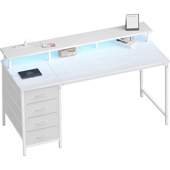 EDX 47 Inch Computer Desk with Power Outlets and LED Lights, Gaming Desk with 4 Drawers, Office Desk with Monitor Stand, Study Work Home Office, Small Spaces, White