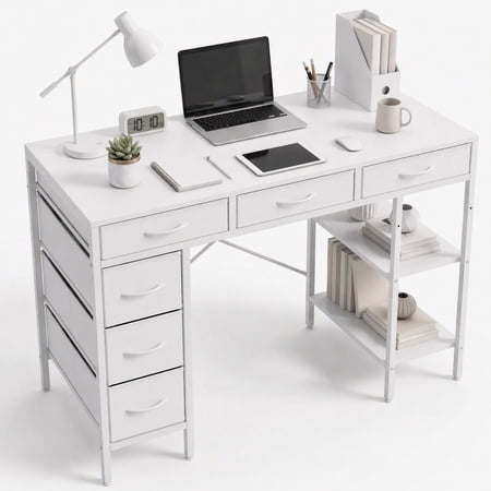 EDX 47 Inch Computer Desk with Fabric Drawers & Storage Shelves,Small Home Office Desk Study Table for Home office Bedroom,White