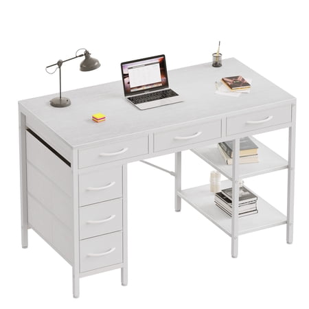EDX 47 Inch Computer Desk with Fabric Drawers & Storage Shelves,Small Home Office Desk Study Table for Home office Bedroom,White