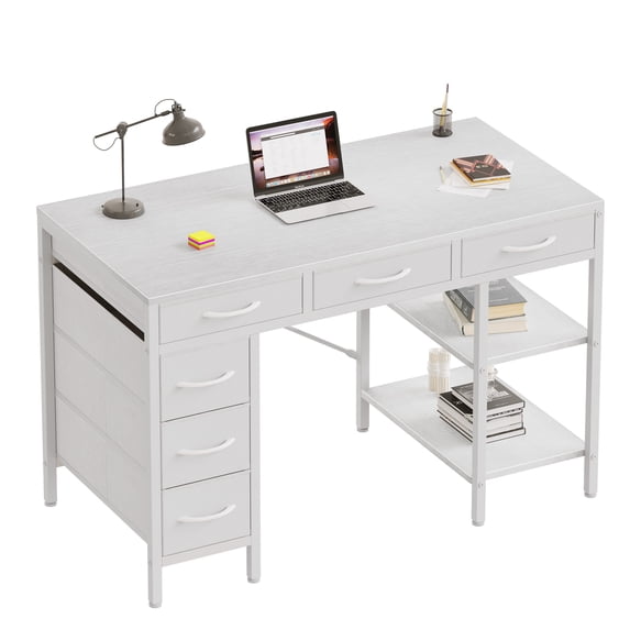 EDX 47 Inch Computer Desk with Fabric Drawers & Storage Shelves,Small Home Office Desk Study Table for Home office Bedroom,White