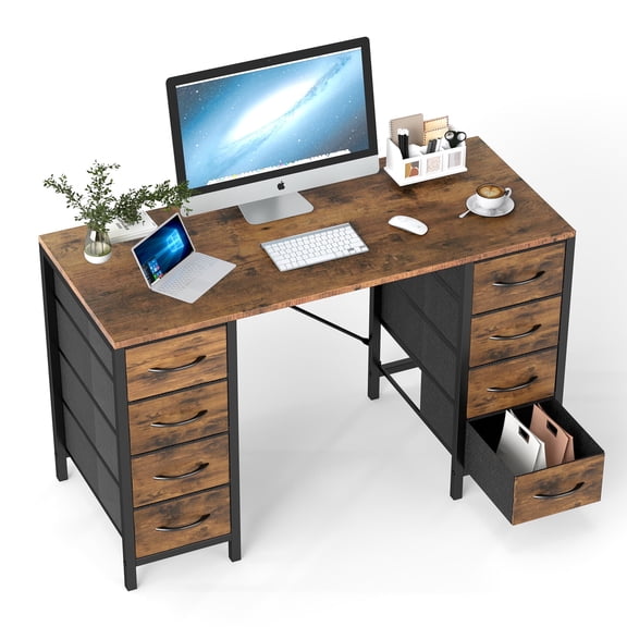 EDX 47 Inch Computer Desk with 8 Fabric Drawer, Home Office Desk with Power Outlets, Large Storage,Rust