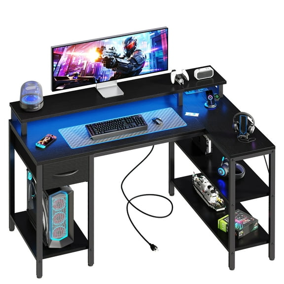 EDX 47 Inch L Shaped Gaming Desk with Power Outlet & LED Light, Reversible Computer Desk with Shelves & Monitor Stand, Corner Desk with Drawer for Home Office, Black