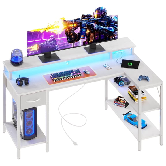 EDX 53 Inch L Shaped Gaming Desk with Power Outlet & LED Light, Reversible Computer Desk with Shelves & Monitor Stand, Corner Desk with Drawer for Home Office, White