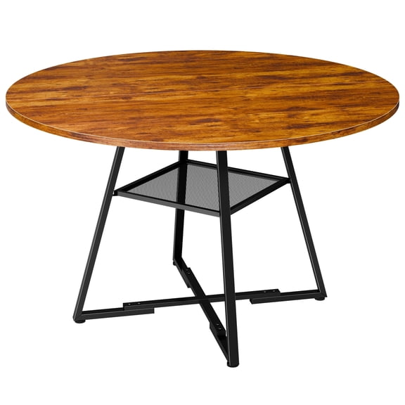 EDX 47In Round Dining Table for 4-6, Circle Kitchen Table with Pedestal Metal Frame Storage, Space Saving Farmhouse Wood Kitchen Table, for Kitchen, Living Room, Rustic Brown