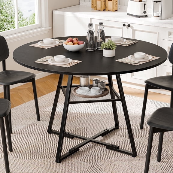 EDX 47In Round Dining Table for 4-6, Circle Kitchen Table with Pedestal Metal Frame Storage, Space Saving Farmhouse Wood Kitchen Table, for Kitchen, Living Room, Black