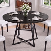 EDX 47In Round Dining Table for 4-6, Circle Kitchen Table with Pedestal Metal Frame Storage, Space Saving Farmhouse Wood Kitchen Table, for Kitchen, Living Room, Black