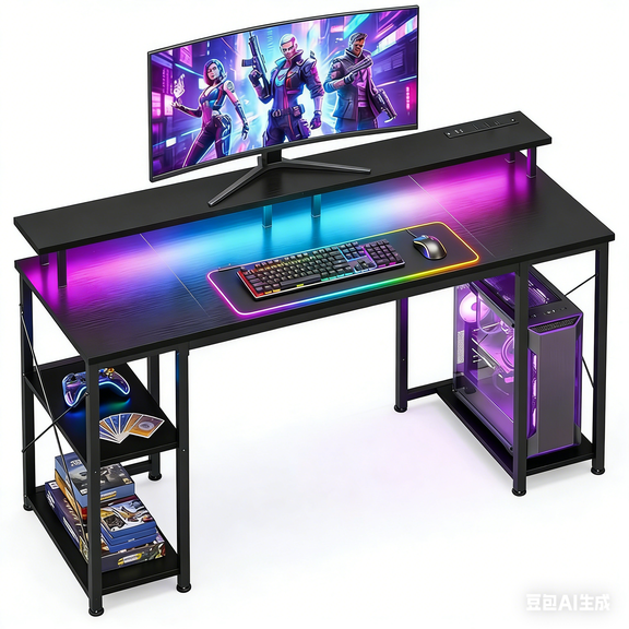 EDX 48 inch Gaming Desk with LED Lights & Power Outlets, Computer Desk with Monitor Stand & Storage Shelves, CPU Stand, Home Office Desk, Black