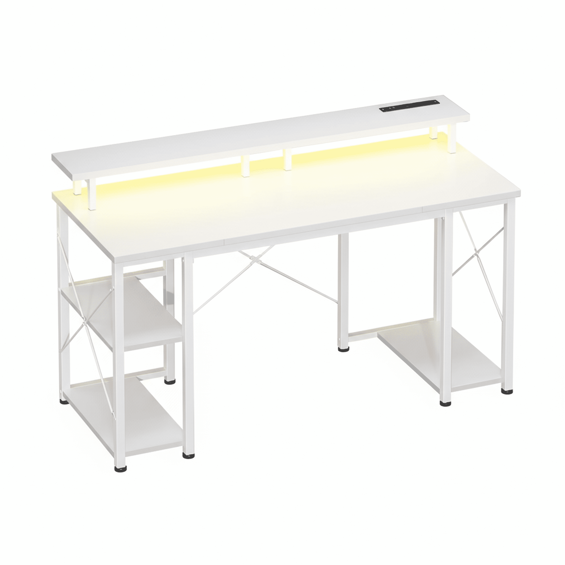 EDX 48 inch Gaming Desk with LED Lights & Power Outlets, Computer Desk with Monitor Stand & Storage Shelves, CPU Stand, Home Office Desk, White