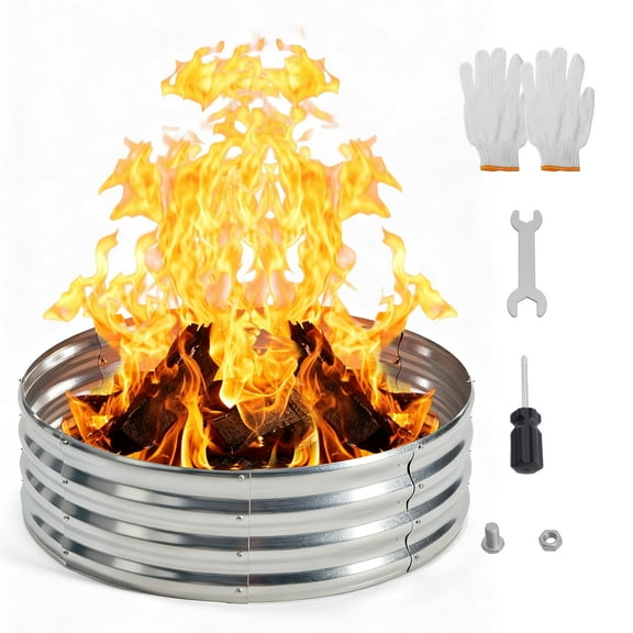 EDX 4FT Diameter Camp Fire Ring Pit, Large Round Galvanized Steel Fire Pit, Heavy Duty Steel Fire Pit Silver for Backyard, Camping, Bonfire