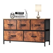 EDX 5 Drawer Dresser, Wide Chest of Drawers Nightstand Storage Tower Storage Fabric Dresser with Wood Top for Living Room, Bedroom, Hallway, Rustic Brown