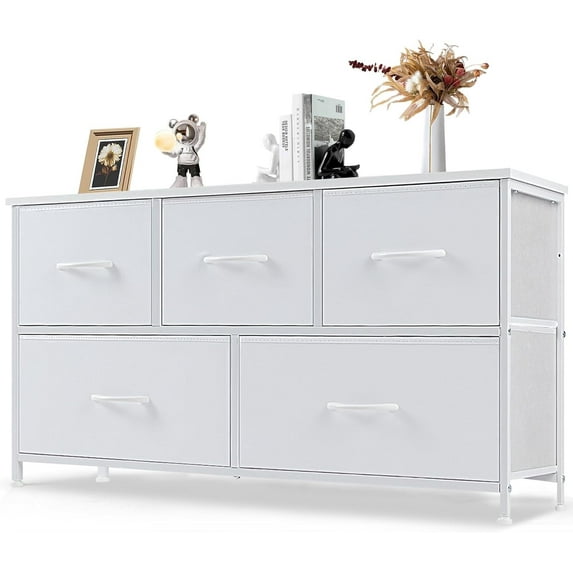 EDX 5 Drawer Dresser, Wide Chest of Drawers Nightstand Storage Tower Storage Fabric Dresser with Wood Top for Living Room, Bedroom, Hallway,White