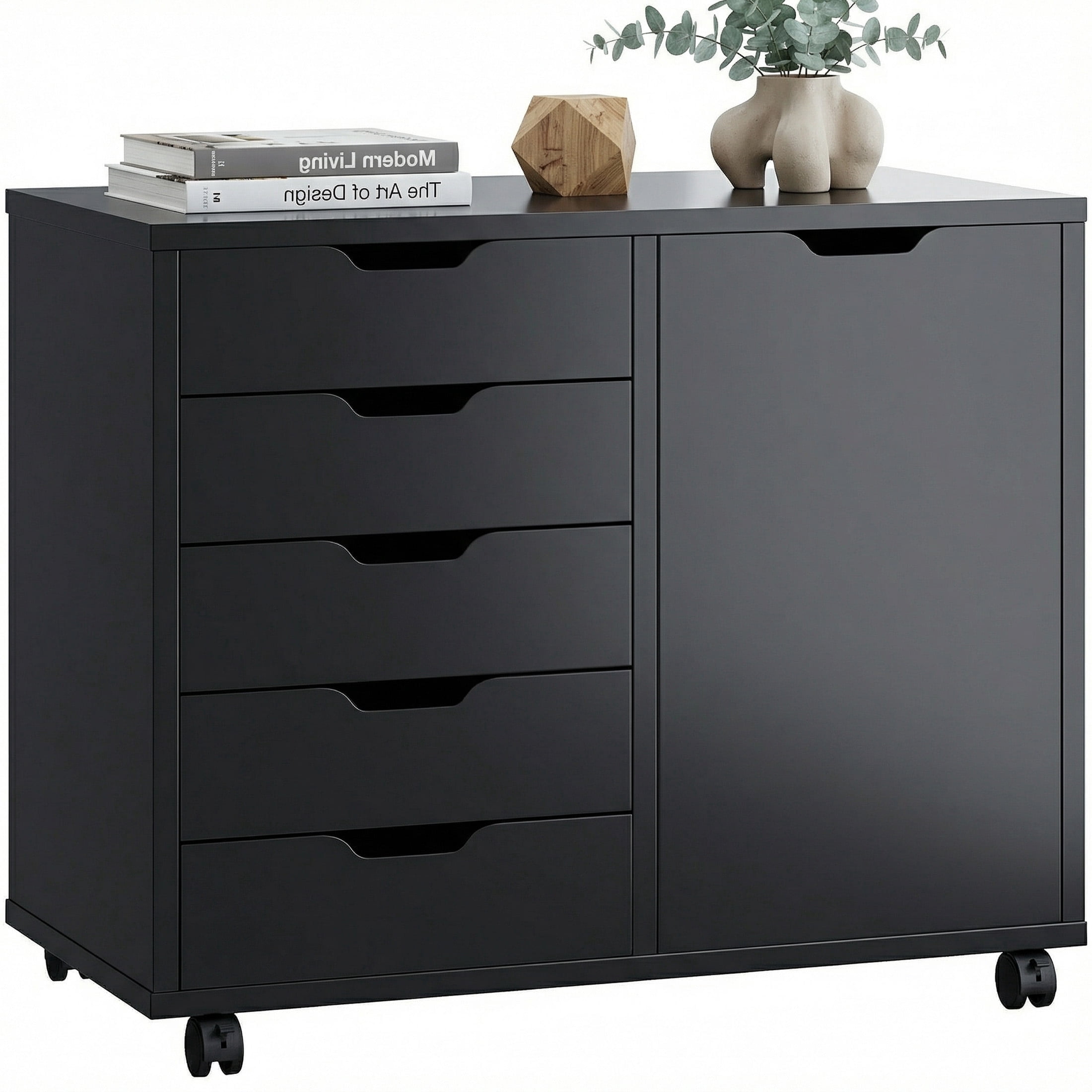 EDX 5-Drawer Wood File Cabinet, Mobile Printer Stand with Adjustable Shelf & Wheels, Storage Shelves for Home Office, Black