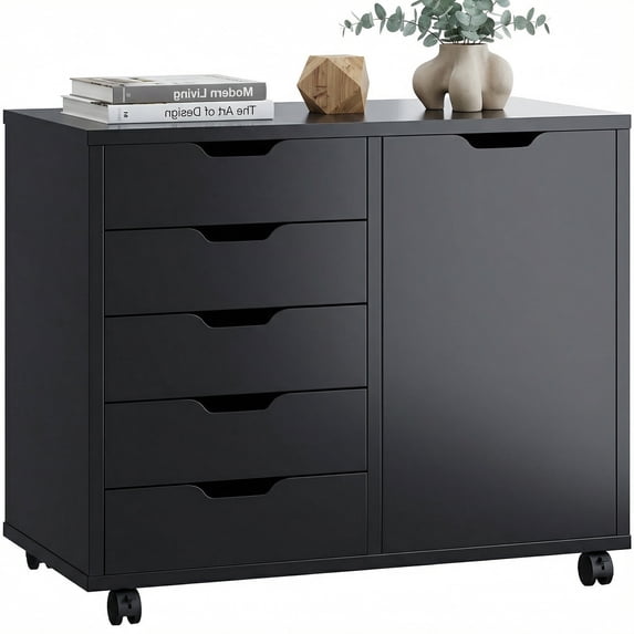 EDX 5-Drawer Wood File Cabinet, Mobile Printer Stand with Adjustable Shelf & Wheels, Storage Shelves for Home Office, Black