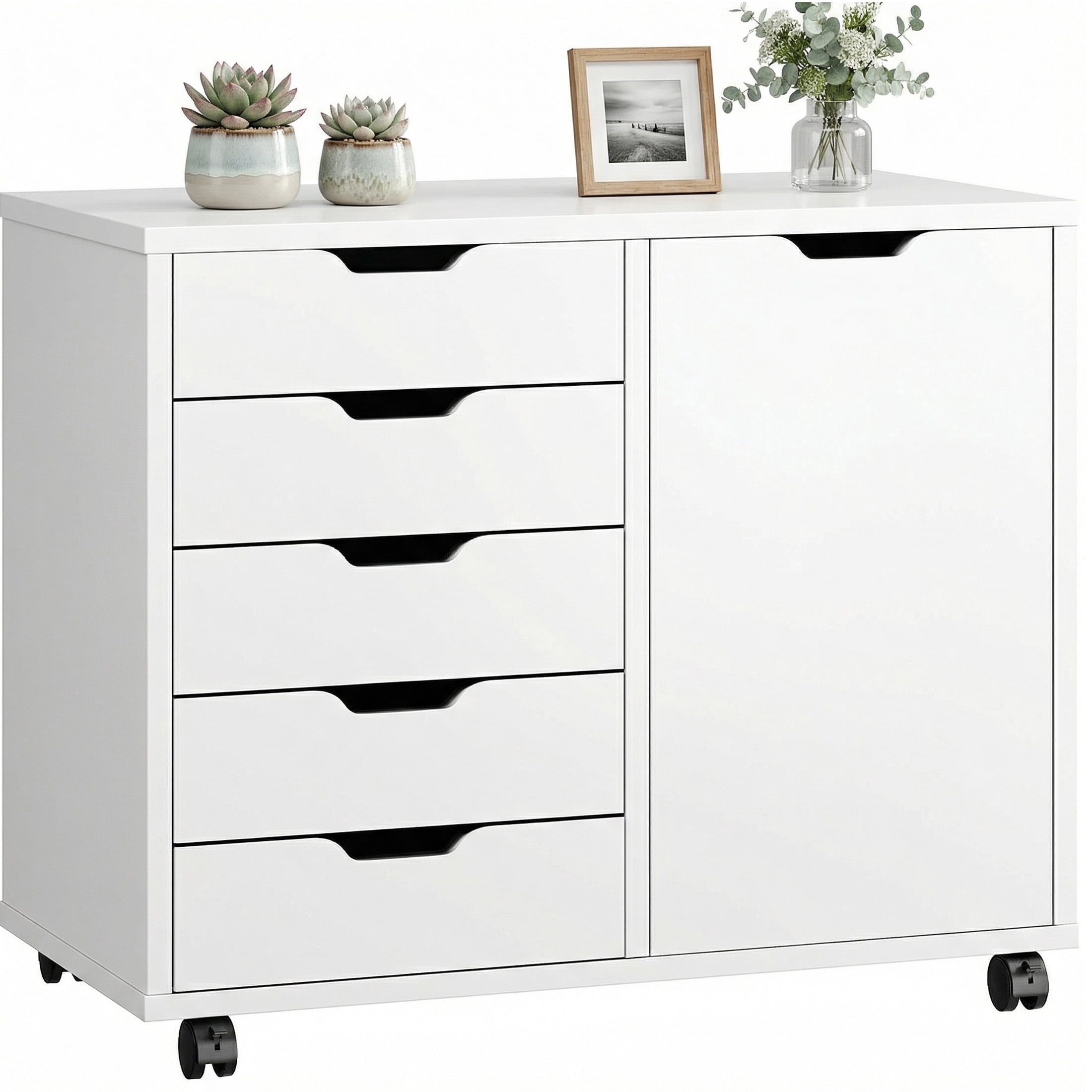 EDX 5-Drawer Wood File Cabinet, Mobile Printer Stand with Adjustable Shelf & Wheels, Storage Shelves for Home Office, White