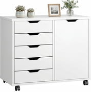 EDX 5-Drawer Wood File Cabinet, Mobile Printer Stand with Adjustable Shelf & Wheels, Storage Shelves for Home Office, White