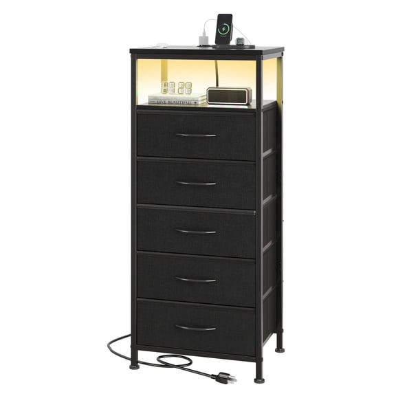 edx 5 Fabric Drawers Nightstand with Charging Station & USB/Type-C Ports and Outlets, Variable Light Strip Bedside End Table with Adjustable Feet for Bedroom, Black