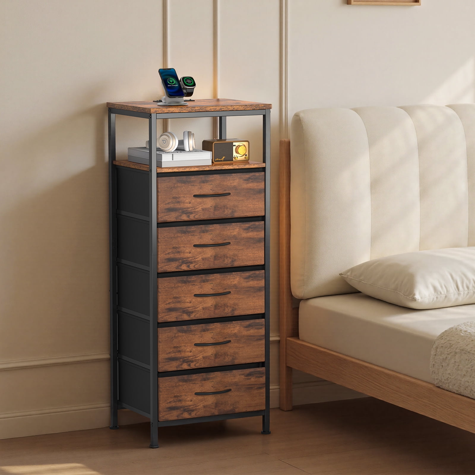 EDX 5-Drawer Nightstand Charging Station – USB-C Ports & Light Strip