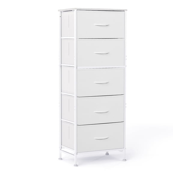 EDX 5 Fabric Dresser with 5 Storage Drawers, TV Stand with Wooden Top Metal Frame for Clothes, Living Room, Hallway, Entryway, White