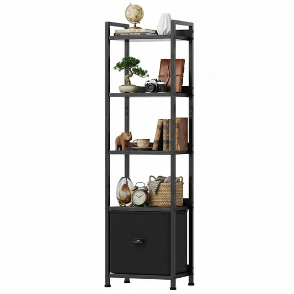 EDX 5 Tier Bookshelf with Drawer, 55''Tall Narrow Bookcase with Shelves, Industrial Display Standing Shelf Unit for Bedroom, Living Room, Black