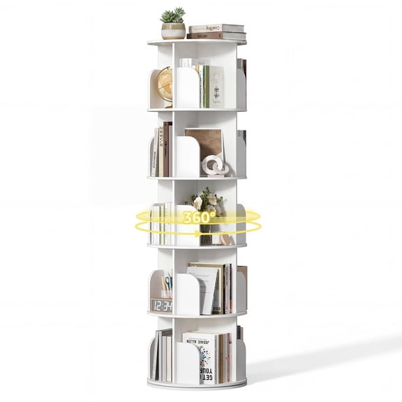 EDX 5 Tier Rotating Bookshelf Tower, Revolving 360 Book Shelf Storage Round Carousel, Vertical Rotate Turning Spiral Corner Organizer, White