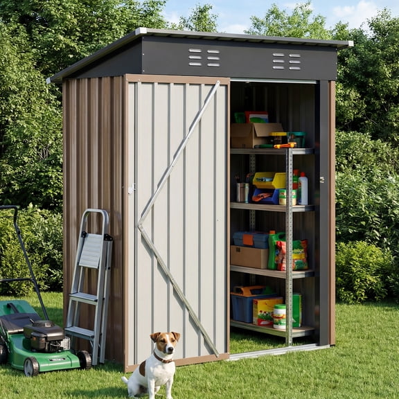 EDX 5' x 3' Outdoor Metal Storage Shed with Lockable Door – Sloped Roof & Galvanized Steel, Brown
