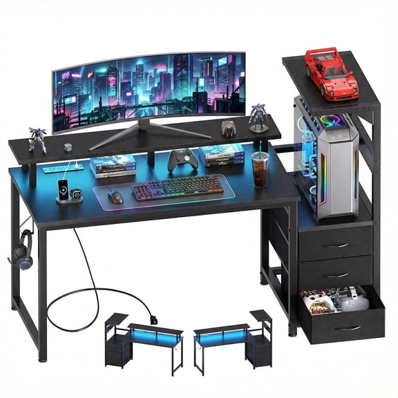 edx 52" Gaming Desk with 3 Fabric Drawers, USB Ports & LED Lights, Reversible Table with Monitor Stand for Home Office, Carbon Fiber Black