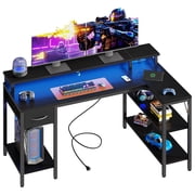 EDX 53 Inch L Shaped Gaming Desk with Power Outlet & LED Light, Reversible Computer Desk with Shelves & Monitor Stand, Corner Desk with Drawer for Home Office, Black
