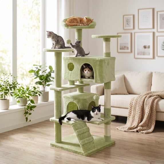 EDX 54 Inch Multi-Level Cat Tree for Large Indoor Cats - Sturdy Cat Tower with Sisal Scratching Posts, 2 Cozy Condos & Play Toys, Cat Furniture for Active Adult Cats & Kittens, Green