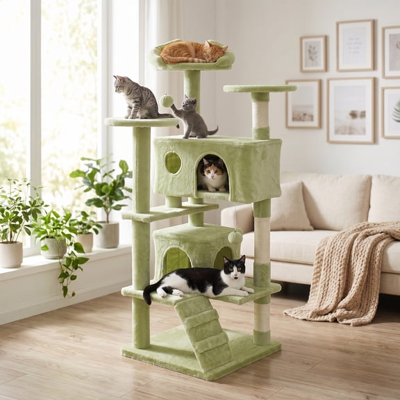 EDX 54 Inch Multi-Level Cat Tree for Large Indoor Cats - Sturdy Cat Tower with Sisal Scratching Posts, 2 Cozy Condos & Play Toys, Cat Furniture for Active Adult Cats & Kittens, Green