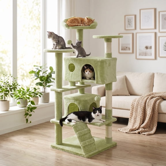 EDX 54 Inch Multi-Level Cat Tree for Large Indoor Cats - Sturdy Cat Tower with Sisal Scratching Posts, 2 Cozy Condos & Play Toys, Cat Furniture for Active Adult Cats & Kittens, Green