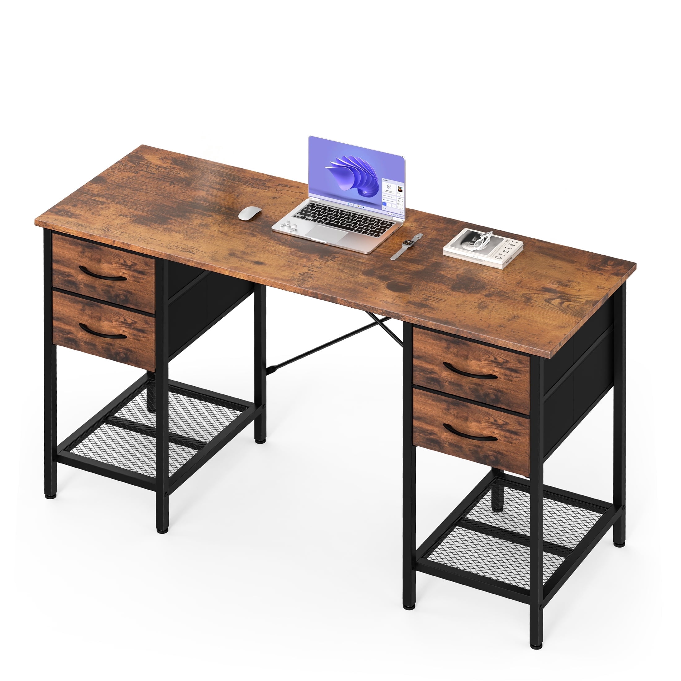 EDX 55 Inch Computer Desk with 4 Drawers, Office Desk with Mesh Shelf, Gaming Desk, Writing Work Desk , Large Storage, Rust