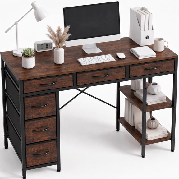 EDX 55 Inch Computer Desk with Fabric Drawers & Storage Shelves,Small Home Office Desk Study Table for Home office Bedroom,Rust
