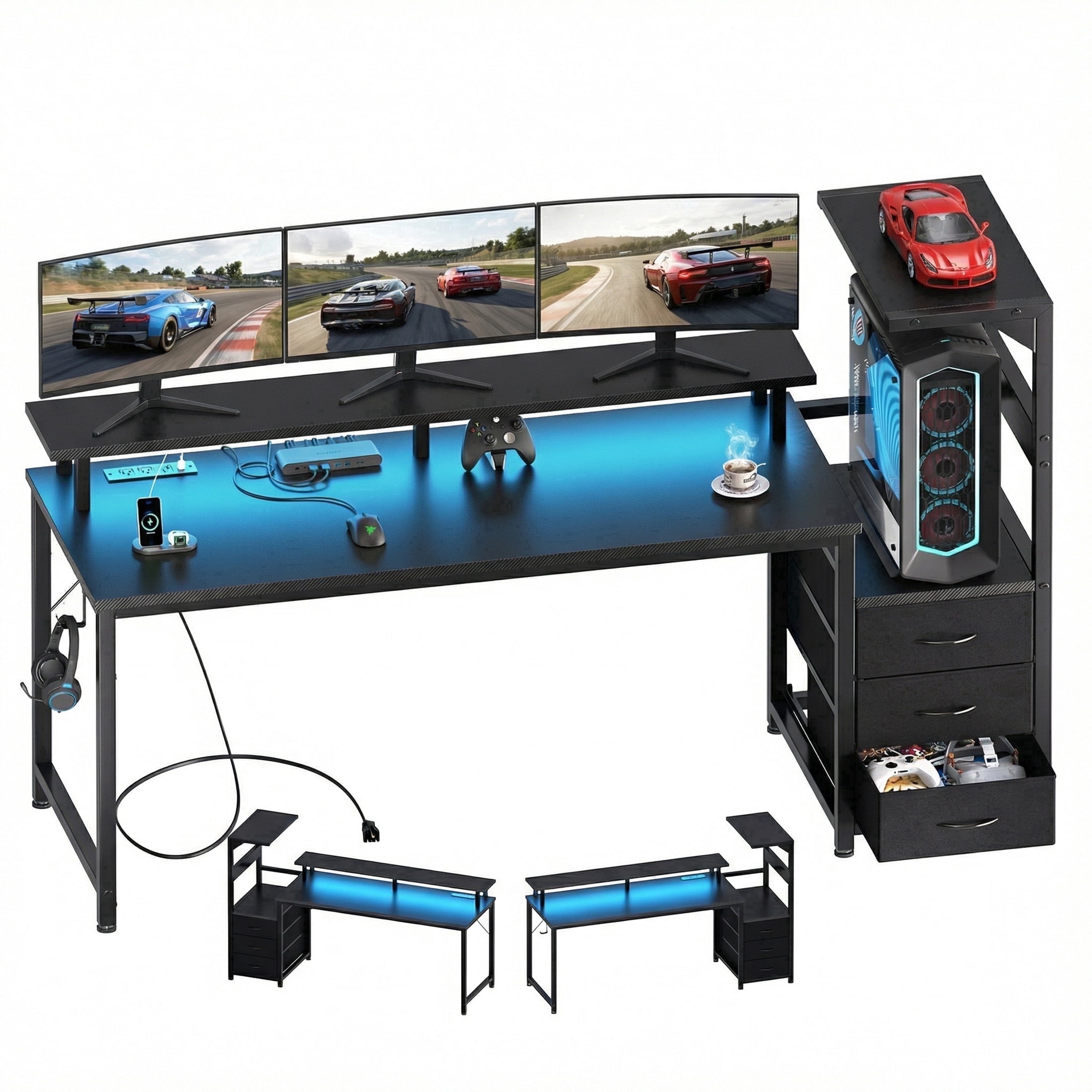 edx 59" Gaming Desk, USB Ports & LED Lights, Reversible Table with Monitor Stand for Home Office, Carbon Fiber Black