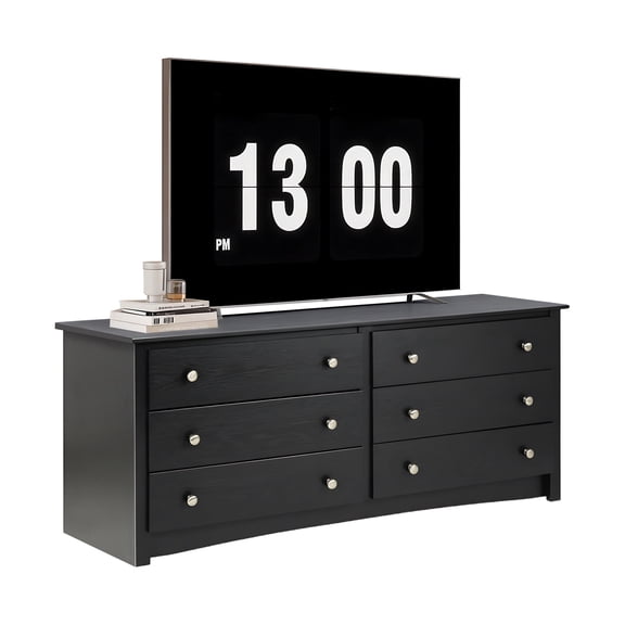 edx 59in Wood Dresser 6 Drawer, Brown Storage Cabinet, Vintage Dresser, Chest of Drawers for Bedroom and Living Room, Black