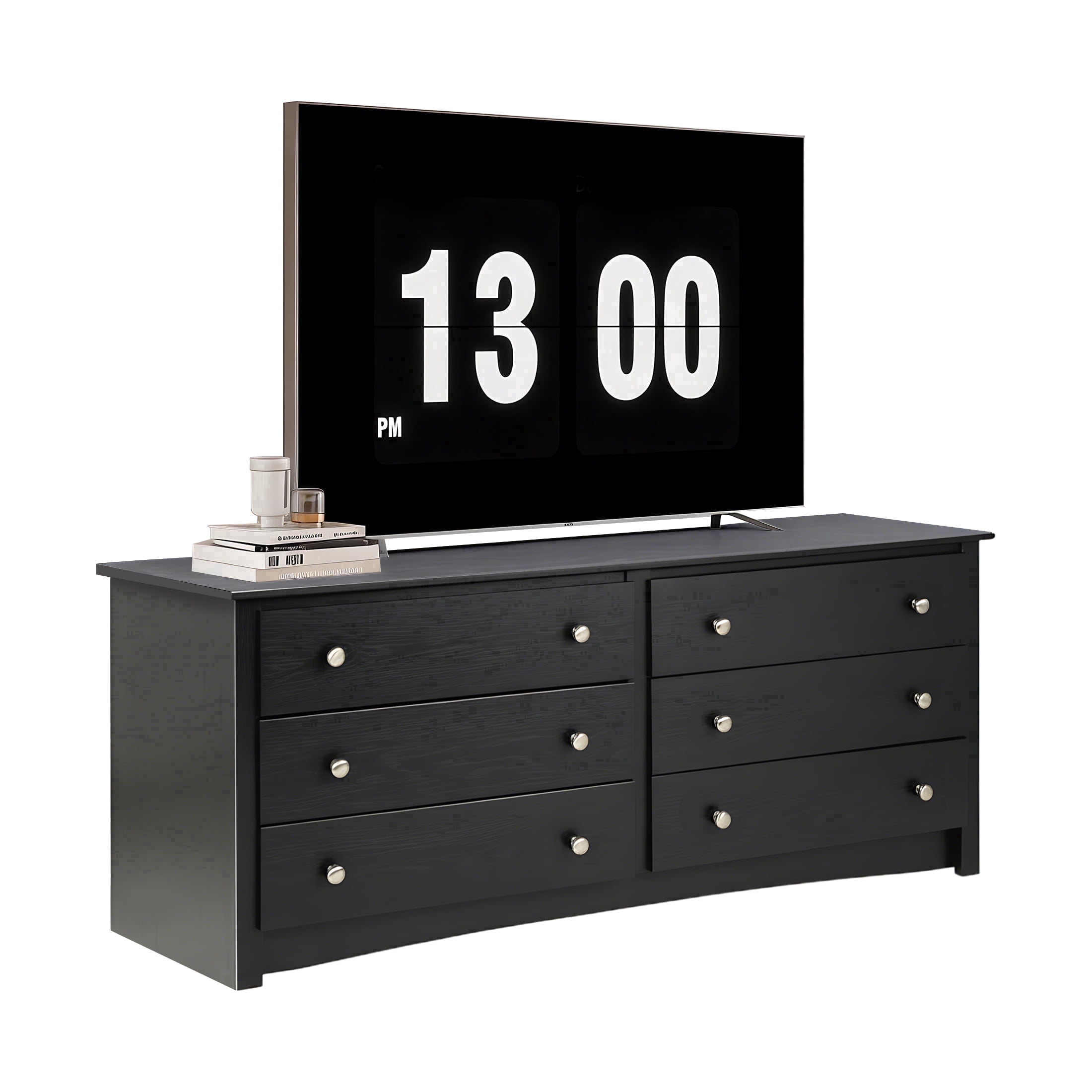 edx 59in Wood Dresser 6 Drawer, Black Storage Cabinet, Vintage Dresser, Chest of Drawers for Bedroom and Living Room, Black