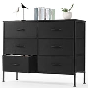 EDX 6 Drawer Dresser, Wide Chest of Drawers Nightstand Storage Tower Storage Fabric Dresser with Wood Top for Living Room, Bedroom, Hallway, Black