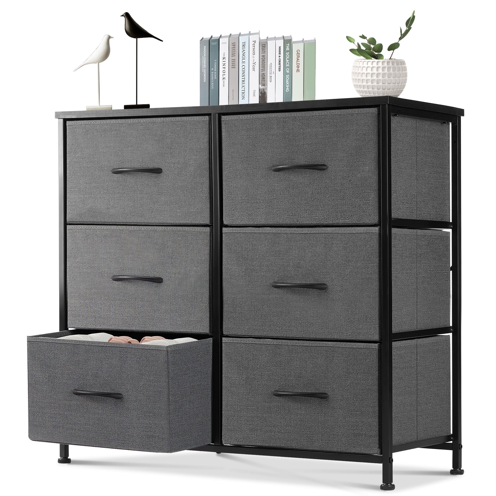EDX 6 Drawer Dresser, Wide Chest of Drawers Nightstand Storage Tower Storage Fabric Dresser with Wood Top for Living Room, Bedroom, Hallway,Grey