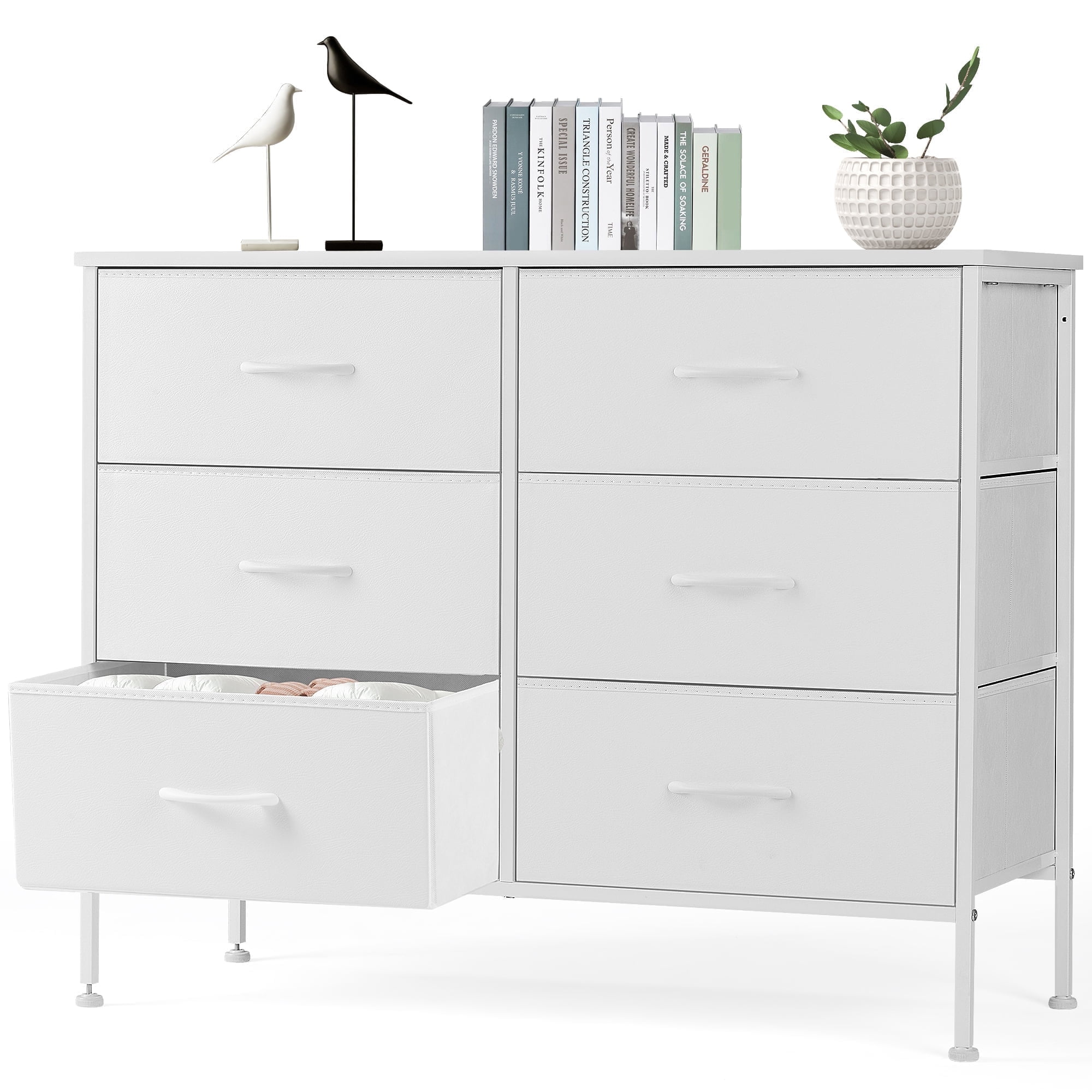 EDX 6 Drawer Dresser, White Fabric Storage Chest, Nightstand