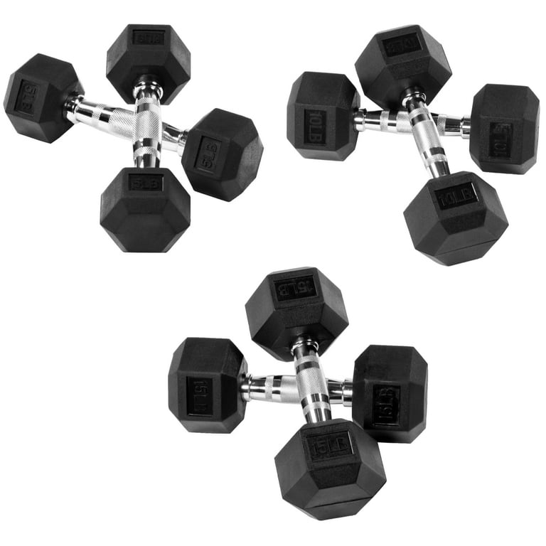 EDX 60 LB Rubber Hex Dumbbell Set – Includes 5LB, 10LB 15LB