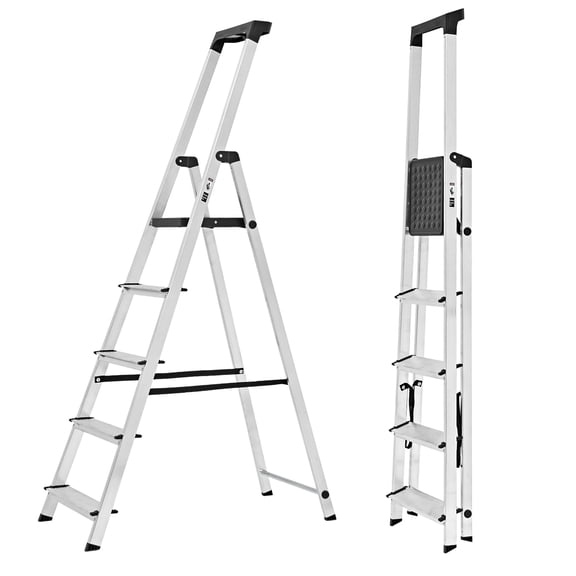 edx 5-Step Aluminum Folding Step Ladder, 330 lb Capacity – Non-Slip Steps, Safety Rail, Steel Platform, Tool Tray, Slim Fold for Home & Garage, Silver