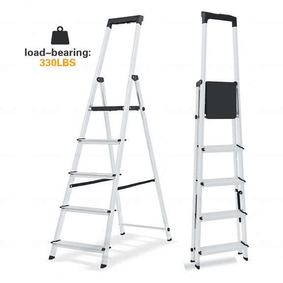 edx 5-Step Aluminum Folding Step Ladder, 330 lb Capacity – Non-Slip Steps, Safety Rail, Steel Platform, Tool Tray, Slim Fold for Home & Garage, Silver