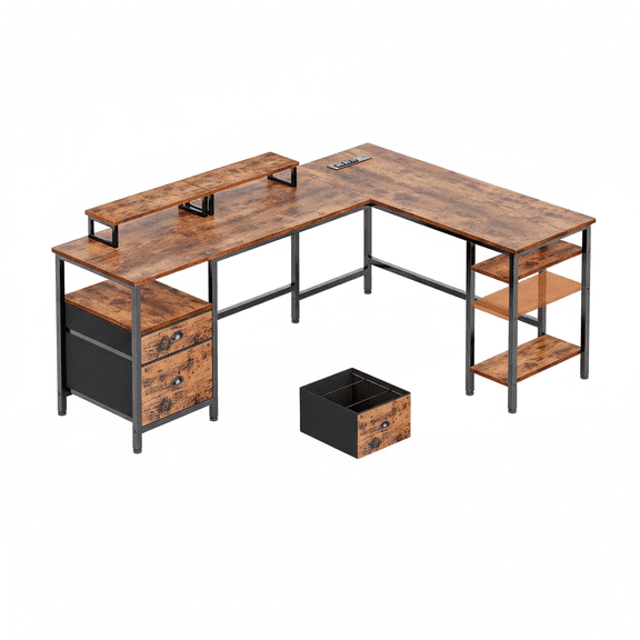 EDX 65” L Shaped Desk with Power Outlet, Reversible Computer Gaming Desk, File Drawer, 2 Monitor Stands & Storage Shelves for Home Office, Rustic Brown