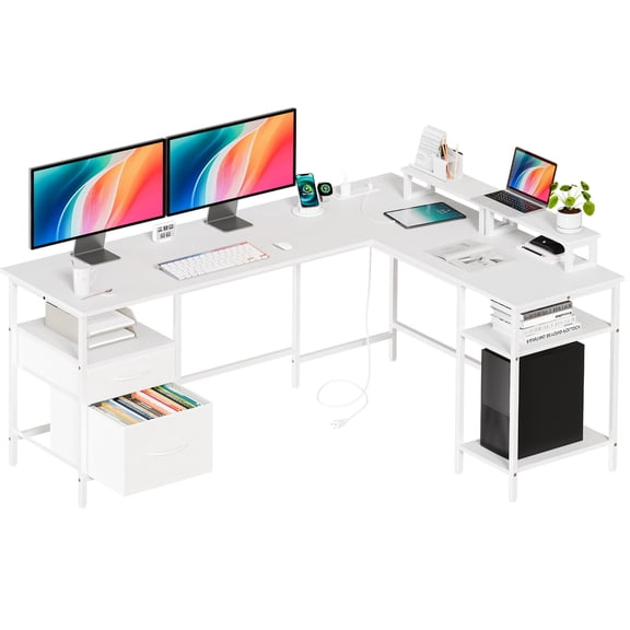 EDX 65” L Shaped Desk with Power Outlet, Reversible Computer Gaming Desk, File Drawer, 2 Monitor Stands & Storage Shelves for Home Office, White