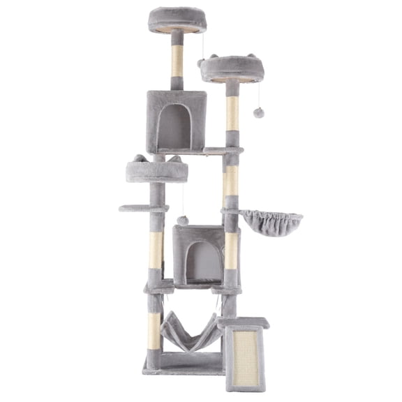 EDX 75" Cat Tree Tower for Indoor Cats, Multi-Level Durable Cat Climbing Tower, Large Pet House with Natural Sisal Scratching Post, Cozy Condo, Extended Platform, Kitten Toy and Hammock, Light Grey