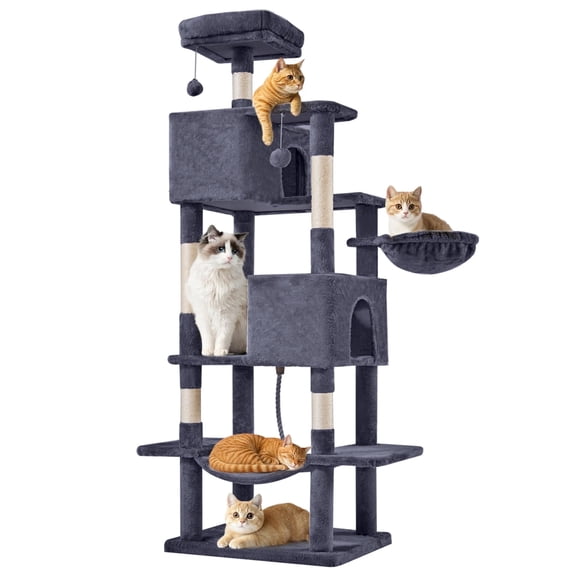 EDX 66" Cat Tree Tower for Indoor Cats, Multi-Level Durable Cat Climbing Tower, Large Pet House with Natural Sisal Scratching Post, Cozy Condo, Extended Platform, Kitten Toy and Hammock, Dark Grey