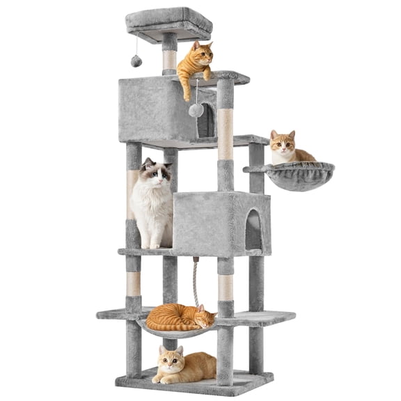 EDX 66" Cat Tree Tower for Indoor Cats, Multi-Level Durable Cat Climbing Tower, Large Pet House with Natural Sisal Scratching Post, Cozy Condo, Extended Platform, Kitten Toy and Hammock, Light Grey