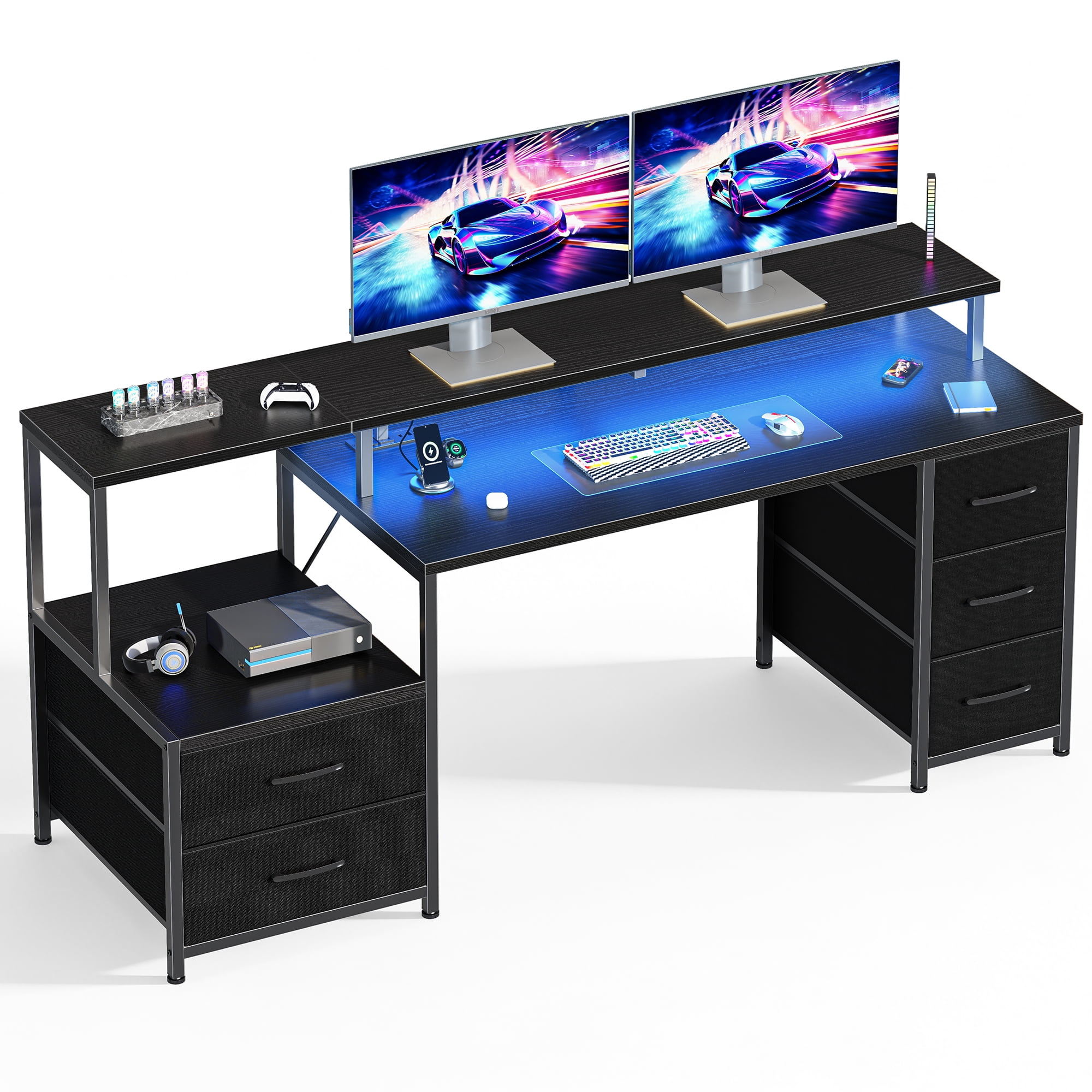 EDX 67 Inch Gaming Desk with Hutch, 4 Fabric Drawers & LED Lights ...