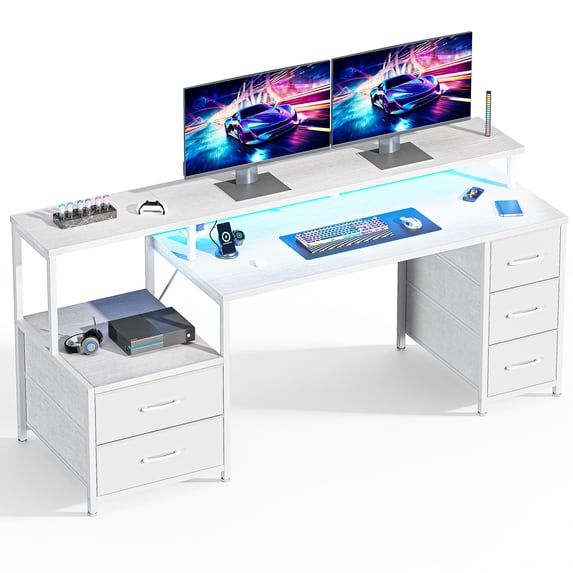 EDX 67 Inch Gaming Desk with Hutch, 4 Fabric Drawers & LED Lights ...