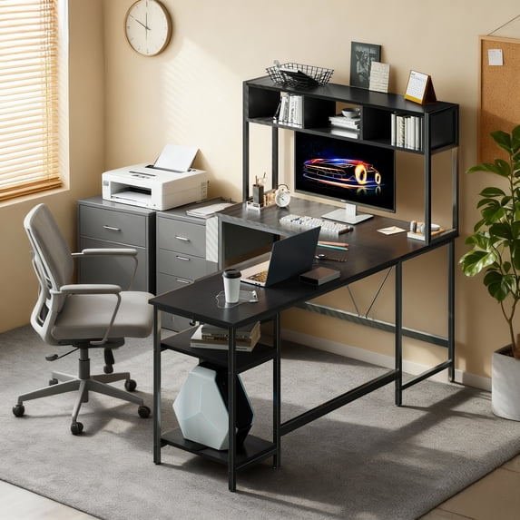 EDX 67'' L Shaped Computer Desk with LED Light, Shelf & Storage Bag & Keyboard Tray Corner Desk, Black
